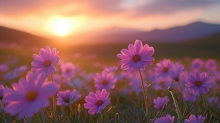 Wall Mural - pink cosmos field at sunset (2)