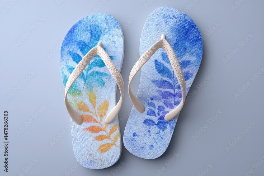 A pair of colorful flip flops features blue and yellow floral patterns against a light background. Ideal for beach outings and casual summer activities, they combine style and comfort.