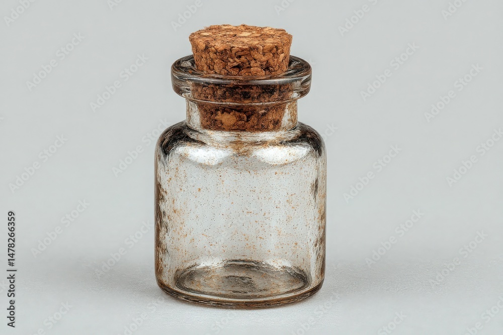 A clear glass bottle with a rounded body and a cork stopper sits prominently against a plain gray background. The bottle is empty and showcases a vintage look with some dust particles visible.