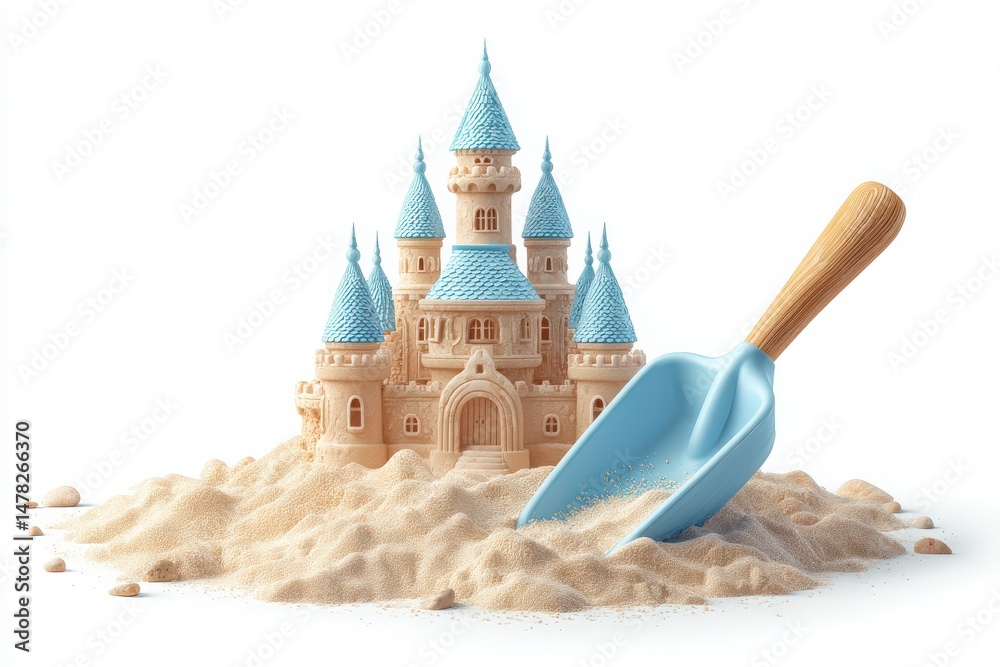 A detailed sand castle with multiple towers and blue rooftops stands proudly on a mound of sand. A blue shovel lies beside it, hinting at the fun of building.