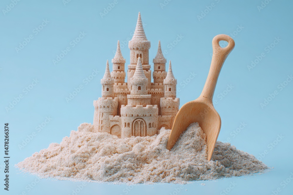 A beautifully crafted sandcastle stands tall against a light blue background. A wooden shovel rests beside the castle, hinting at playful beach activities during a summer day.