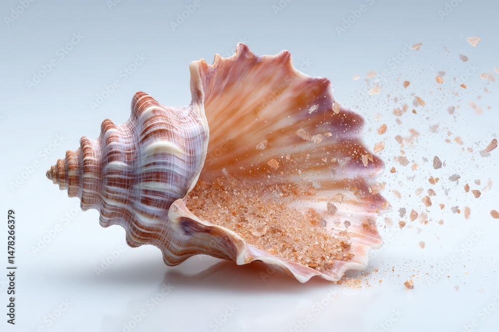 A beautiful seashell rests on a smooth surface, gradually releasing fine grains of sand. The intricate patterns and colors of the shell contrast with the delicate sand, creating an elegant visual.