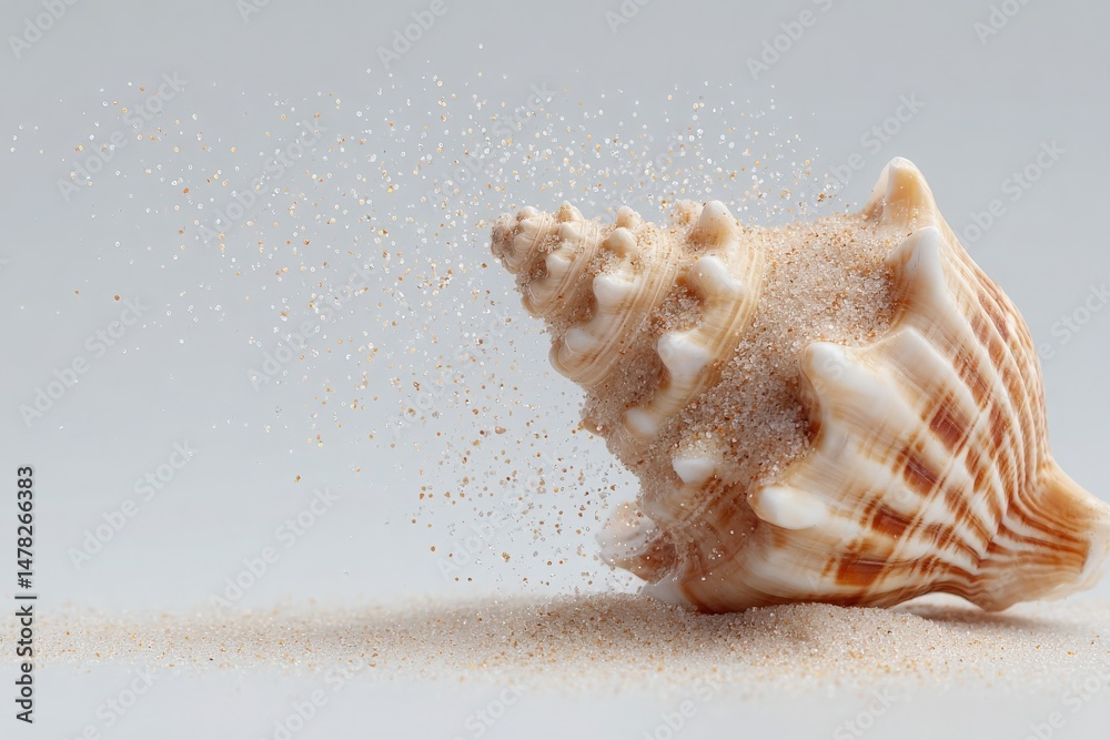 A detailed seashell rests on a smooth surface with fine sand particles dispersing from it.
