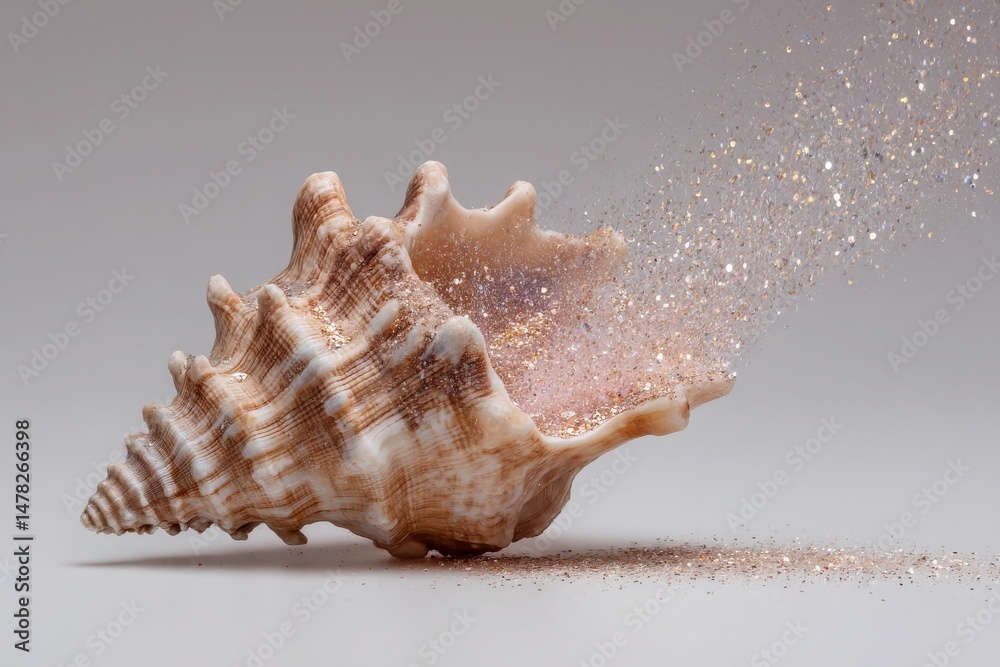 A stunning shell is positioned on a smooth surface, releasing fine, glimmering particles. Soft lighting enhances the delicate details and textures of the shell while creating a tranquil atmosphere.