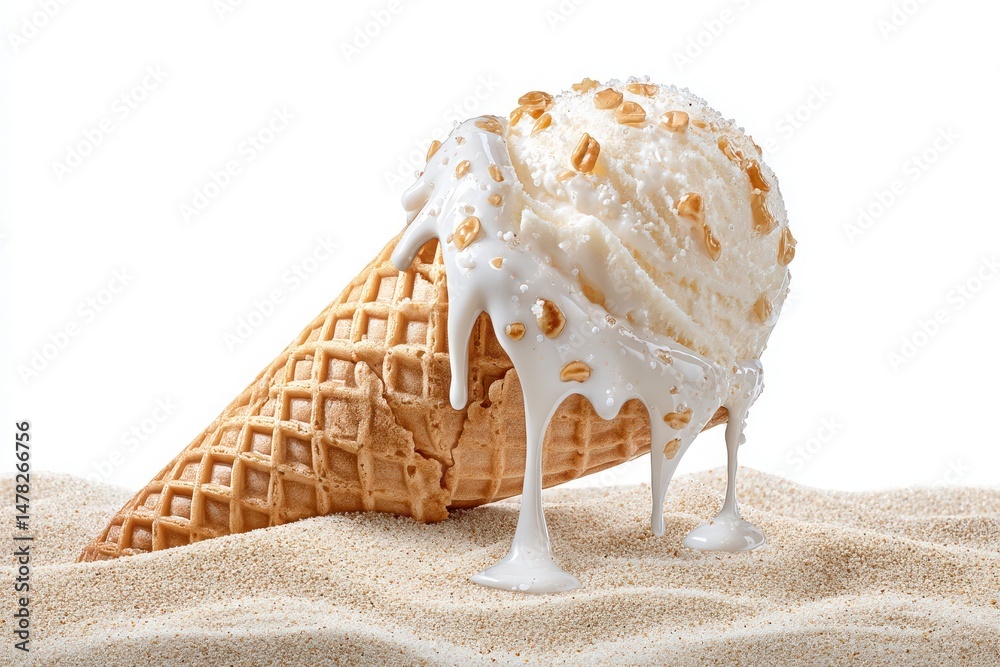 An ice cream cone topples over on a sandy beach, causing the creamy scoop to melt and drip. The white ice cream is adorned with crunchy toppings, creating a delightful mess.