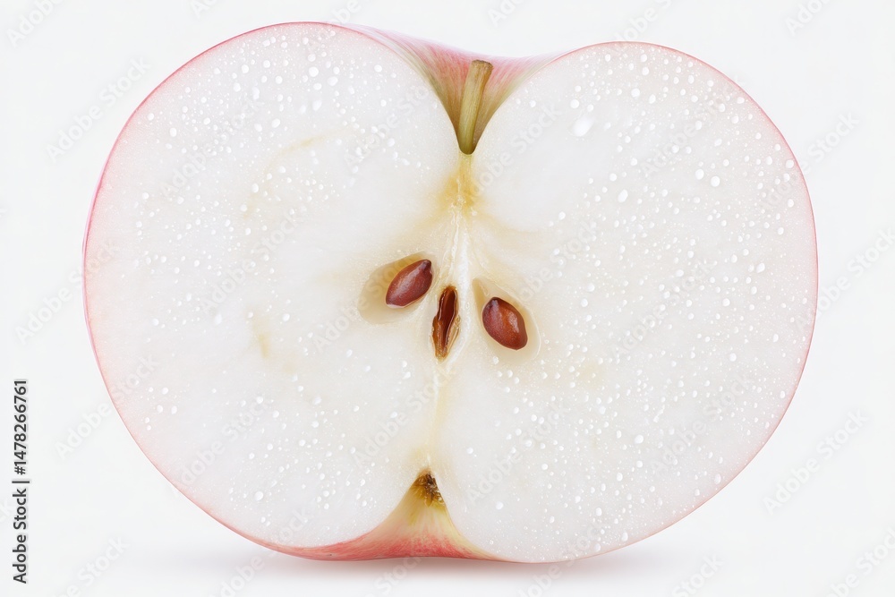 A freshly cut apple shows its crisp, white flesh and small brown seeds at the center. The fruits skin is a vibrant red, indicating its ripeness and sweetness. Perfect for a healthy treat.