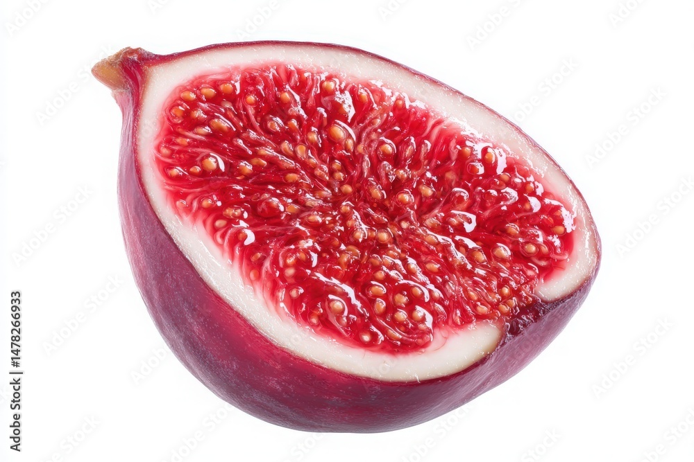 A vibrant half of a ripe fig displays its juicy pink-red interior filled with tiny seeds. Its smooth, deep purple skin contrasts beautifully with the sweet pulp, inviting taste.