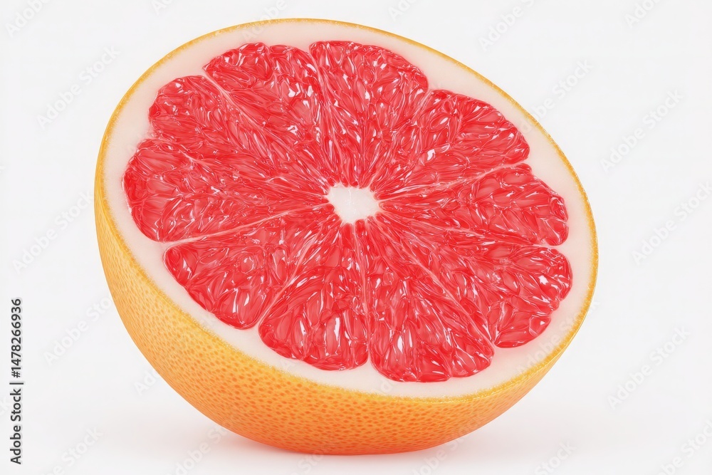Brightly colored grapefruit is cut in half, revealing its juicy red interior and smooth white rind. The background is plain, allowing the fruits details to stand out vividly.