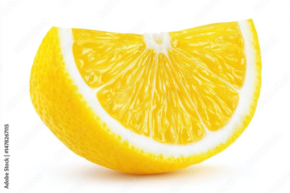 A vibrant lemon wedge reveals its juicy and textured interior. The bright yellow color contrasts with the white rind. This citrus fruit is known for its refreshing taste and aroma.