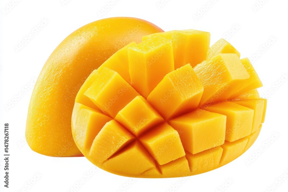 Ripe mango is cut in half, revealing its juicy yellow flesh neatly diced into perfect cubes. The smooth surface gleams under bright light, emphasizing its freshness and sweetness.