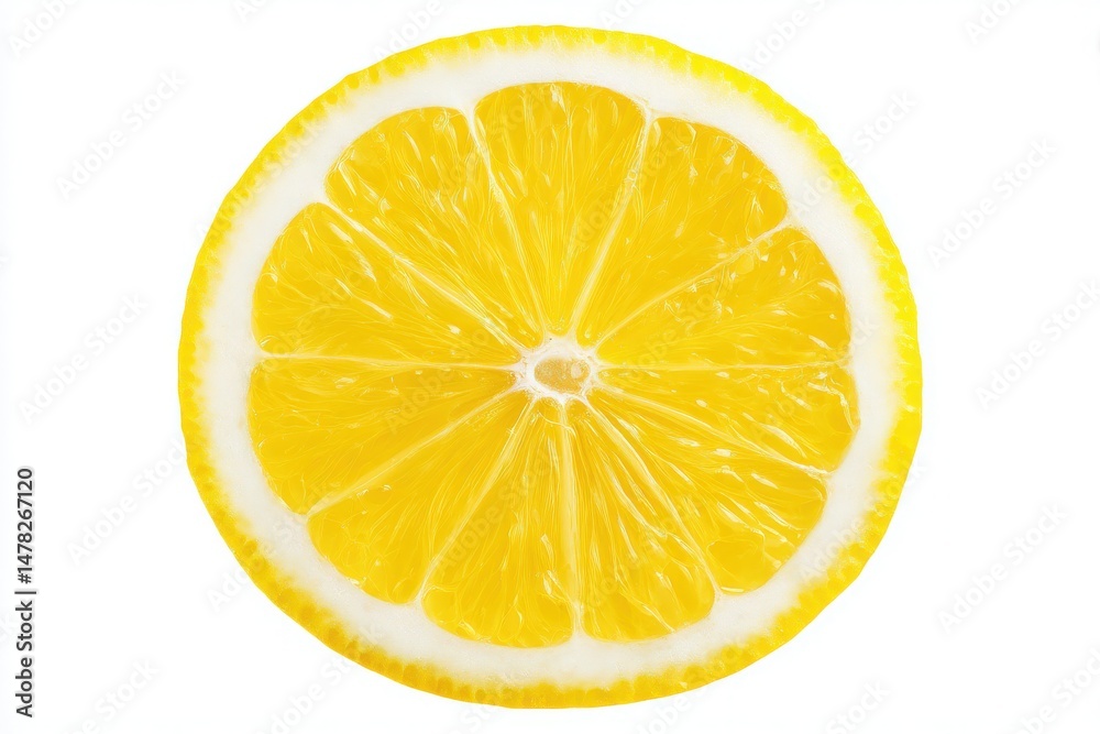 A lemon slice reveals its vibrant yellow color and characteristic segments. The clean cut shows the juicy pulp and essential oils of the fruit, lying against a plain white background.