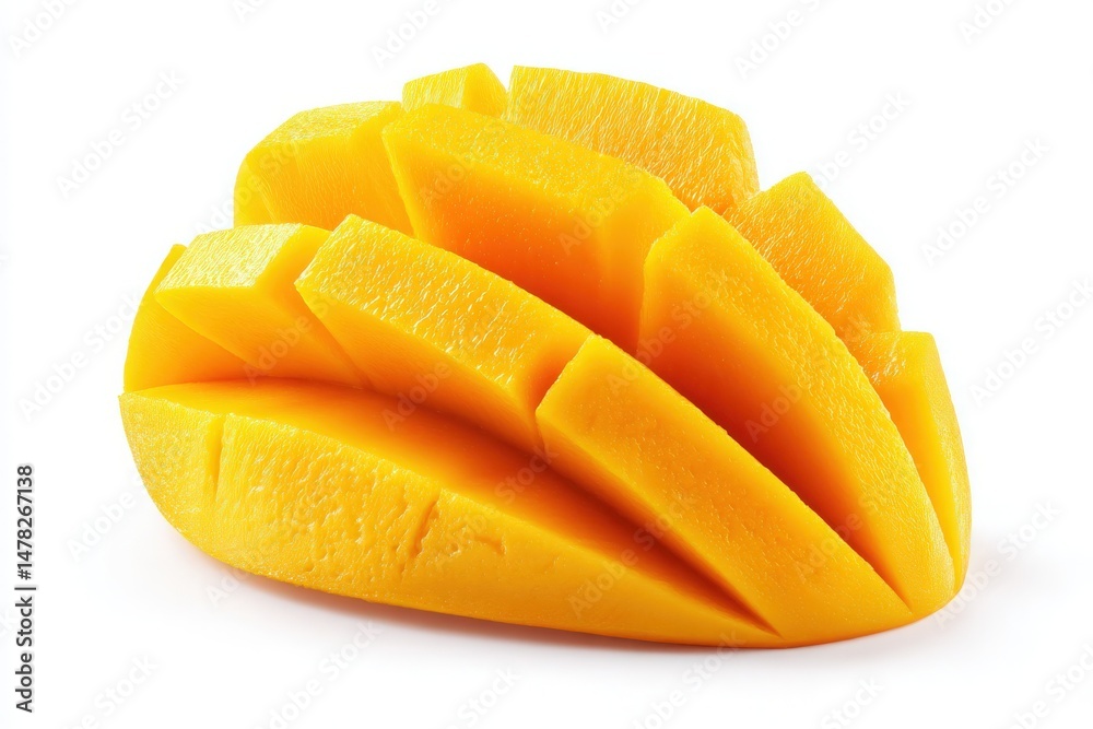 Bright yellow mango is cut into elegant slices, showcasing its juicy texture and inviting color. The arrangement highlights the fruits freshness and makes it visually appealing.