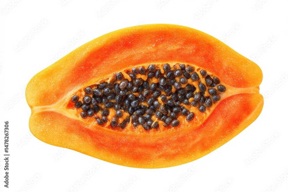A halved papaya displays its bright orange flesh and numerous black seeds nestled in the middle. The fruit is presented on a plain white background, emphasizing its natural colors.