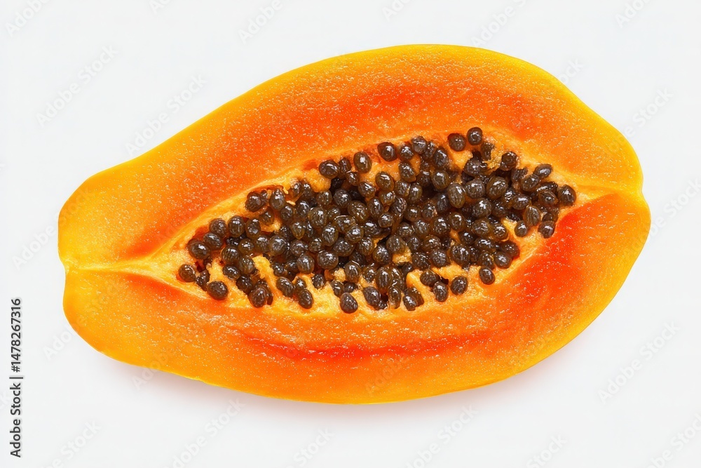 This ripe papaya is sliced in half, revealing its bright orange interior dotted with small, glossy black seeds. The fruit is fresh and ready for culinary use or consumption.