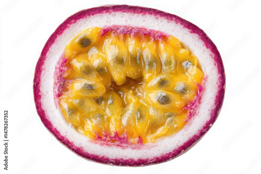 A passion fruit is cut in half, showcasing its bright yellow-orange pulp and glossy black seeds. The outer skin is purple with white flesh, highlighting the fruits tropical essence and flavor.