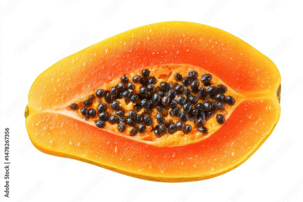 A halved papaya displays its rich orange flesh and small black seeds nestled in the center. The texture appears juicy and fresh, showcasing the fruits natural sweetness.