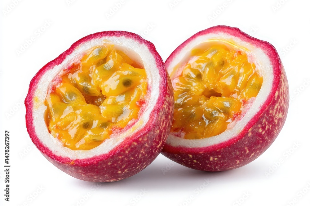 Two halves of ripe passion fruit are displayed, revealing bright yellow pulp filled with small black seeds. The outer skin has a vibrant purple hue, emphasizing the fruits freshness.