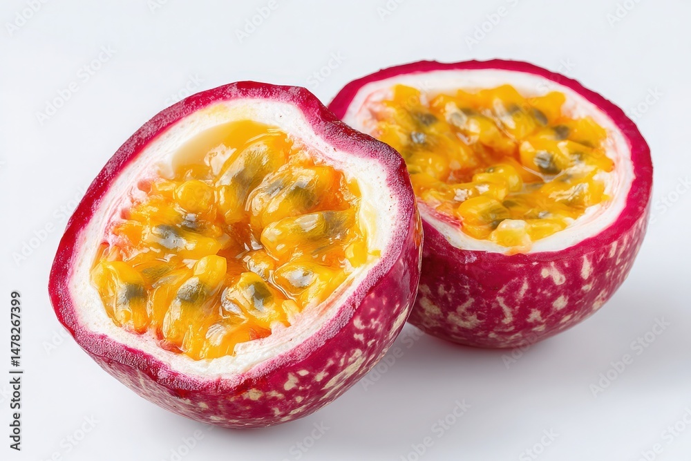 Two halves of a cut passion fruit display their juicy yellow pulp and seeds. The vibrant outer skin contrasts with the rich, aromatic interior, inviting sensory exploration.