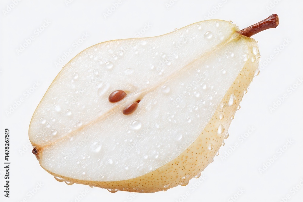 A cross-section of a ripe pear glistens with water droplets, highlighting its juicy flesh and seeds. The fruit is displayed on a light background, emphasizing its freshness and appeal.