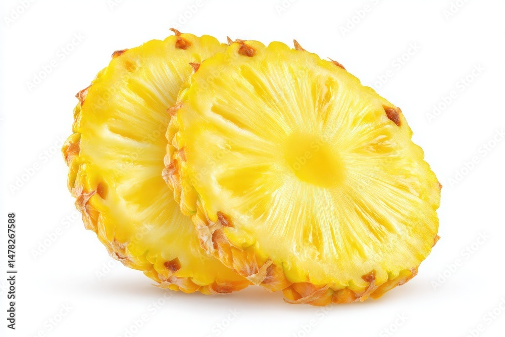 Two vibrant slices of pineapple display their juicy yellow flesh, showcasing a tropical fruit perfect for desserts, smoothies, or snacks, highlighting freshness and natural sweetness.