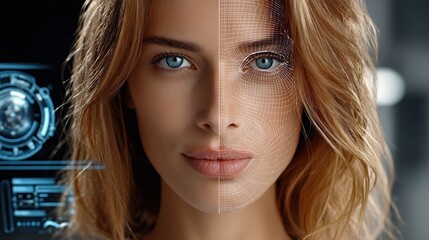 Poster - Woman's face half digital half natural with futuristic tech elements, concept of appearance change