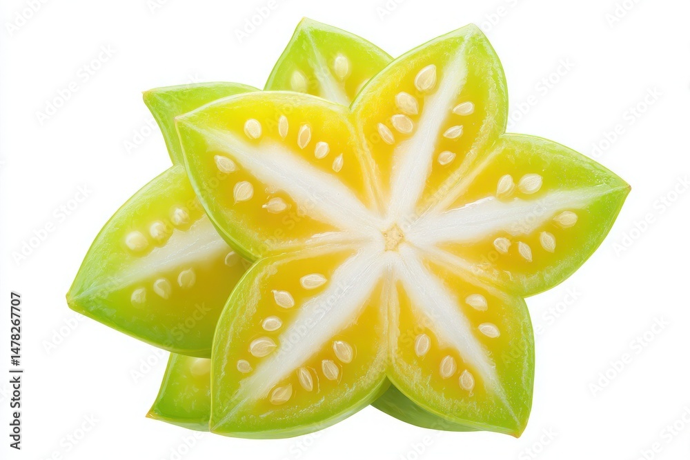 Star fruit is displayed with its vibrant yellow and green segments arranged symmetrically. The fruits distinct star shape reveals juicy seeds, emphasizing its tropical appeal.
