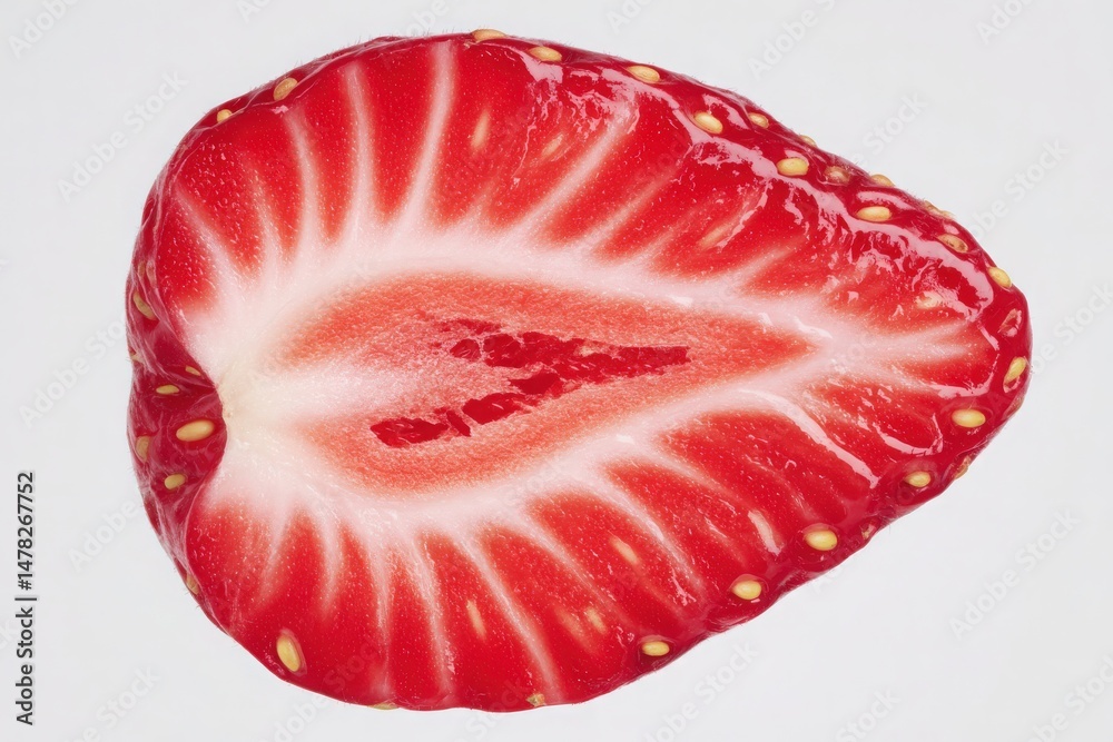 A halved strawberry, revealing its juicy red interior and tiny seeds. The bright red flesh highlights the fruits natural sweetness and freshness. Ideal for food lovers.