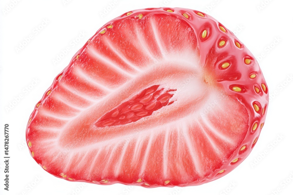 A freshly sliced strawberry reveals its bright red interior with shiny seeds.