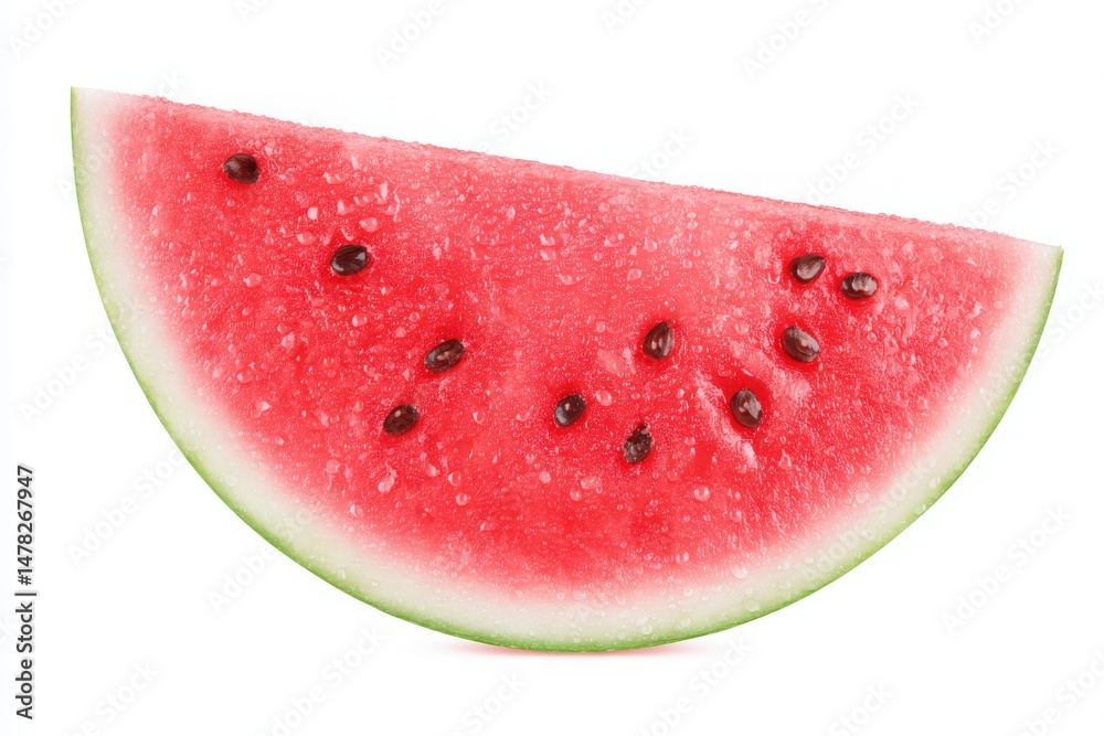 A fresh slice of watermelon displays its bright red flesh dotted with black seeds. The green rind frames the vivid interior, emphasizing the fruits refreshing appeal, perfect for summer.