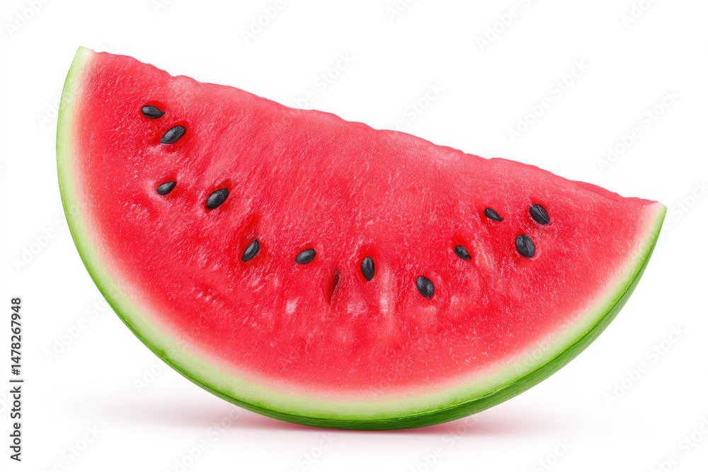 A juicy slice of watermelon rests against a white background, highlighting its bright red flesh and glossy green rind. Black seeds are scattered throughout, emphasizing freshness and summer vibes.