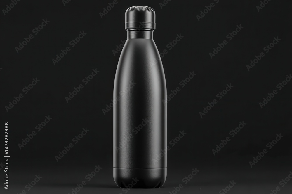 A black water bottle stands upright on a dark surface, showcasing its smooth, minimalistic design. The simplicity reflects a contemporary aesthetic, perfect for everyday use.