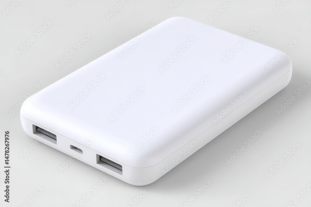 This portable white power bank charger features a slim design with two USB ports for charging devices. It is ideal for users who need reliable battery power on the go, especially while traveling.
