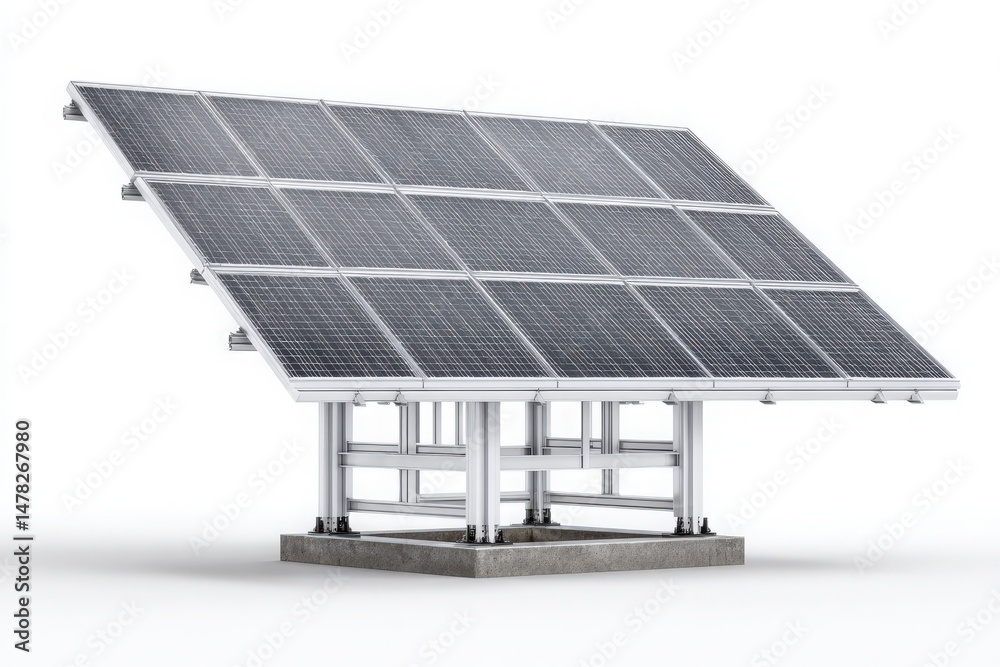 A solar panel system stands on a sturdy concrete base, angled to capture sunlight.