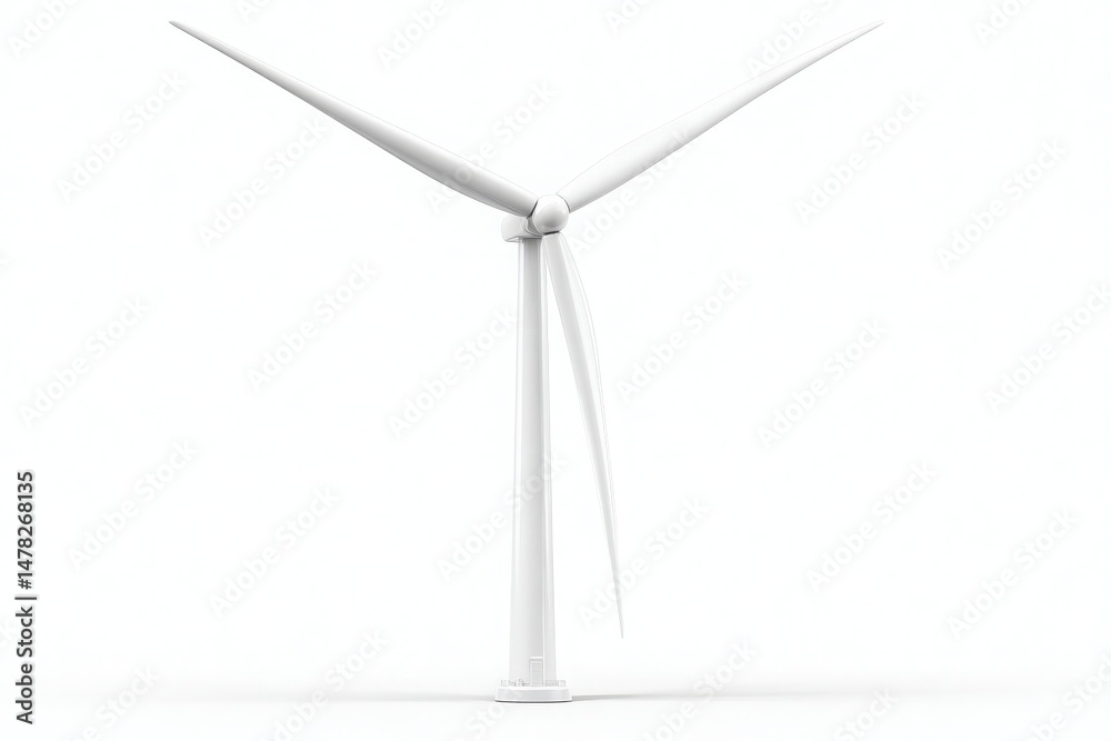 A tall wind turbine stands prominently against a bright sky. Its blades rotate gently, harnessing wind power to produce clean energy, symbolizing sustainable technology and environmental awareness.