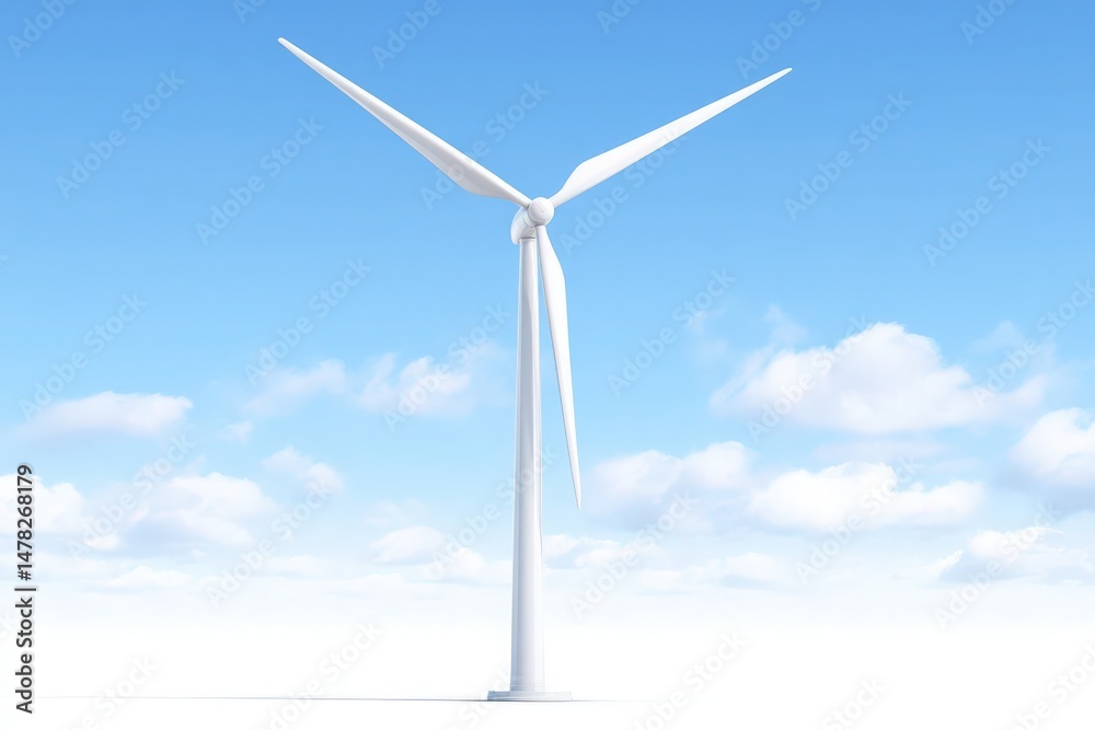 A large wind turbine dominates the landscape, its blades rotating gently in the breeze.