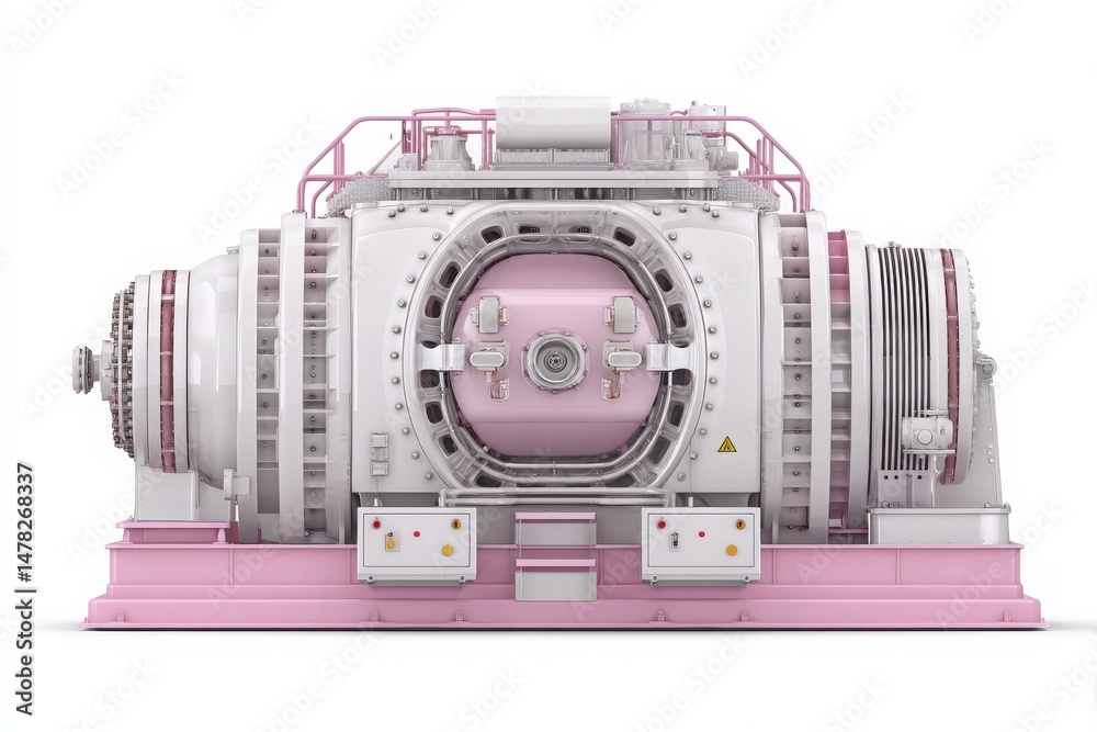 This industrial turbine showcases an innovative design with a pastel pink exterior, highlighting its intricate components and engineering work.