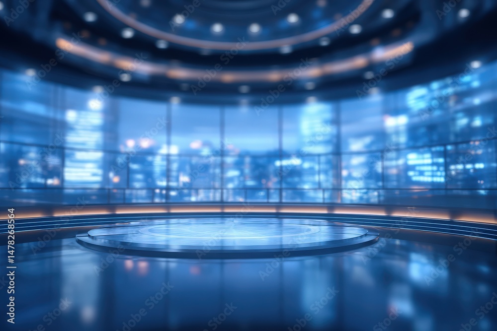 A sleek and modern studio features blue lighting and a polished floor, with panoramic windows showcasing a vibrant cityscape. Ideal for presentations or events, the space feels dynamic and inviting.