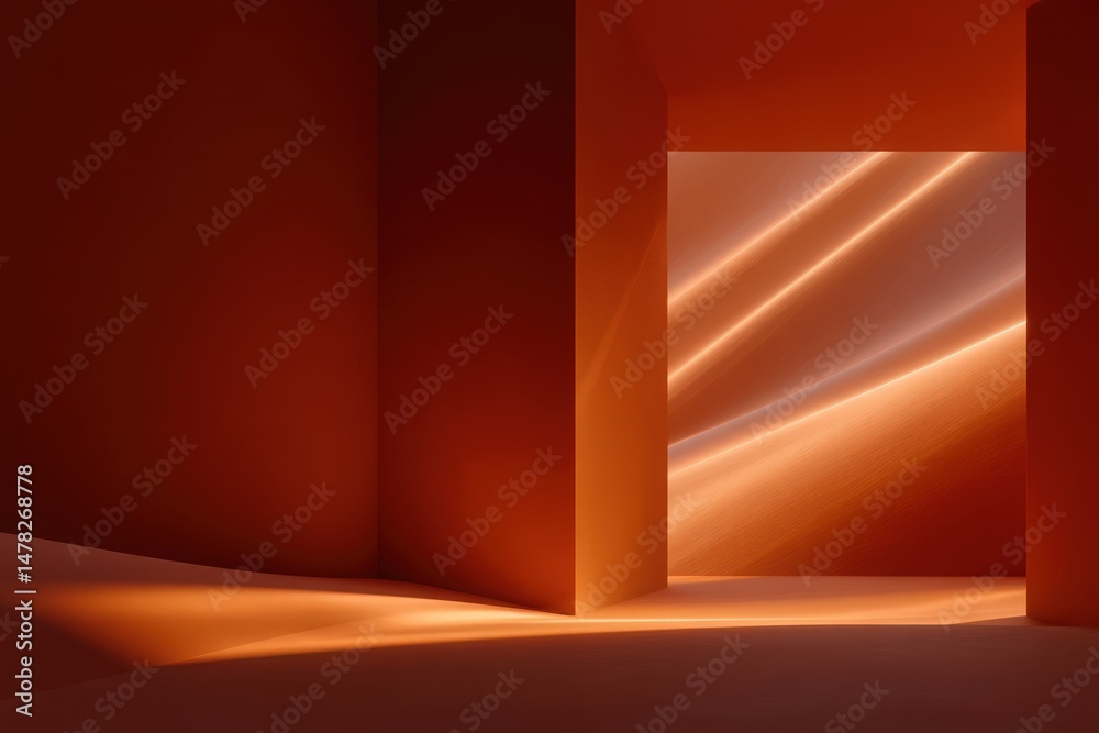 Soft orange light filters through an open passage in a minimalist architectural setting. The smooth walls and flowing lines evoke a sense of calm and tranquility in this modern design.