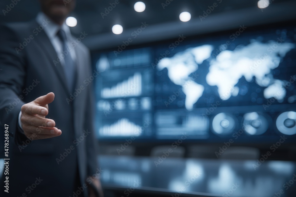 A business professional in a suit extends a hand for a handshake in a modern conference room. The background features digital screens displaying global data and charts.