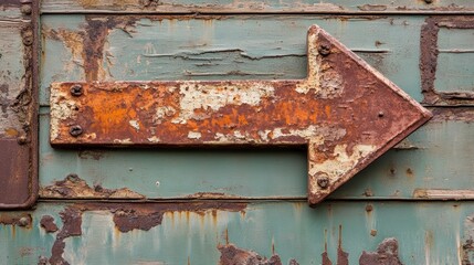 Poster - Rusty arrow sign on weathered metal surface.
