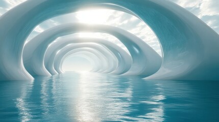 Poster - Serene Waterway with Abstract Arch Structures and Dreamy Cloudy Sky