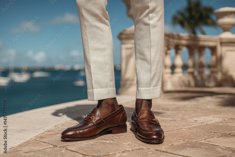 A man stands beside a coastal area, showcasing elegant brown loafers paired with light-colored trousers. The sunny backdrop features a serene ocean view and a clear blue sky.
