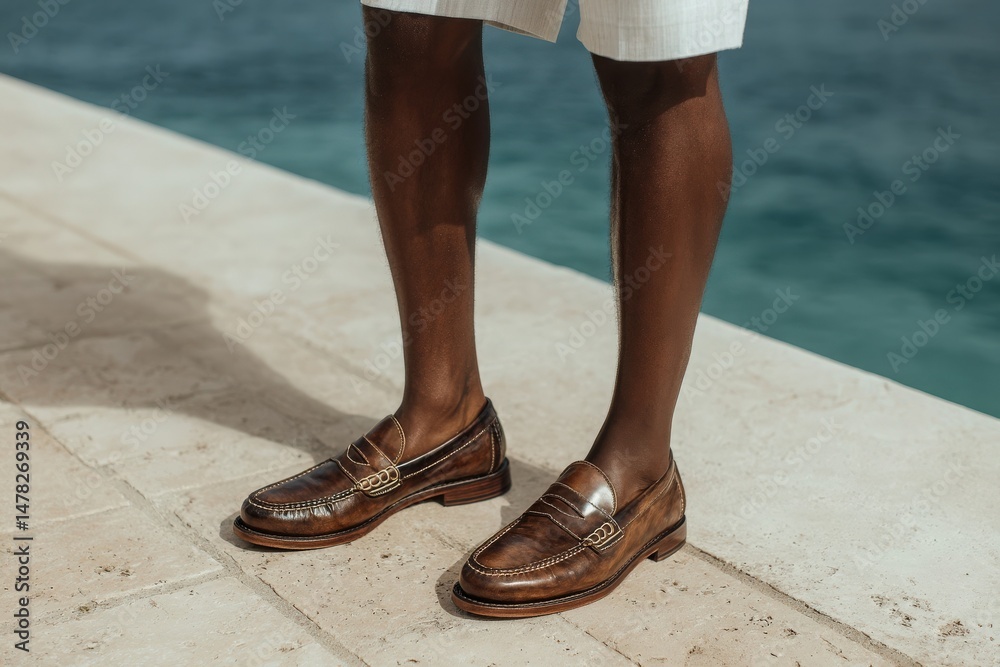 A person is standing on a stone walkway, showcasing brown loafers paired with light-colored shorts. The calm water reflects sunlight, creating a relaxed summer vibe.