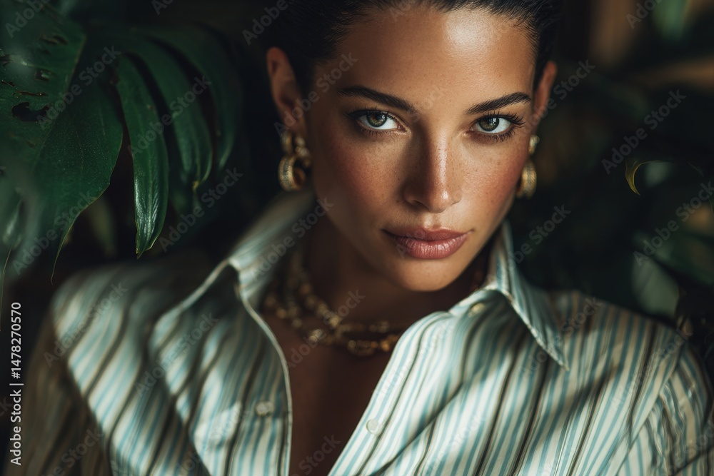 A woman with striking features gazes directly at the viewer, surrounded by vibrant green leaves. Soft lighting highlights her natural beauty, showcasing elegant jewelry and a stylish outfit.