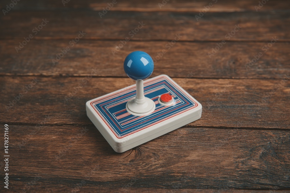 A classic arcade joystick with a blue ball top and vibrant striped design sits on a weathered wooden table. This nostalgic gaming controller evokes memories of vintage arcade games and playful times.
