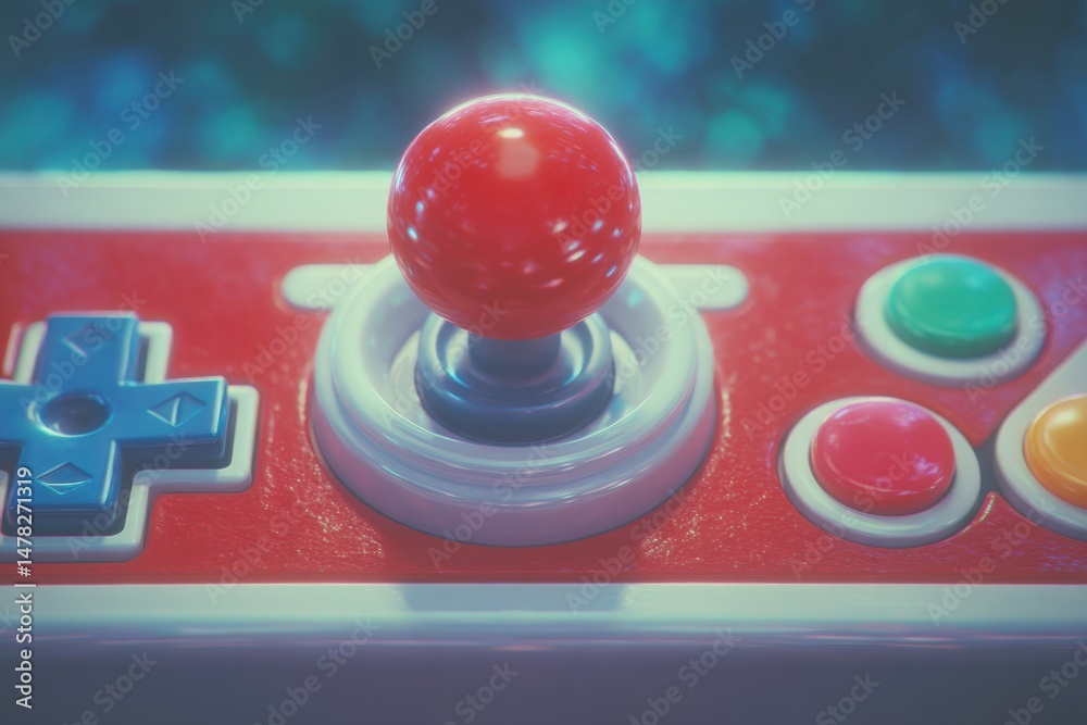 Close-up view of a classic arcade joystick featuring a red ball top, colorful buttons, and a distinct retro design. The scene captures the allure of vintage gaming, evoking nostalgia.
