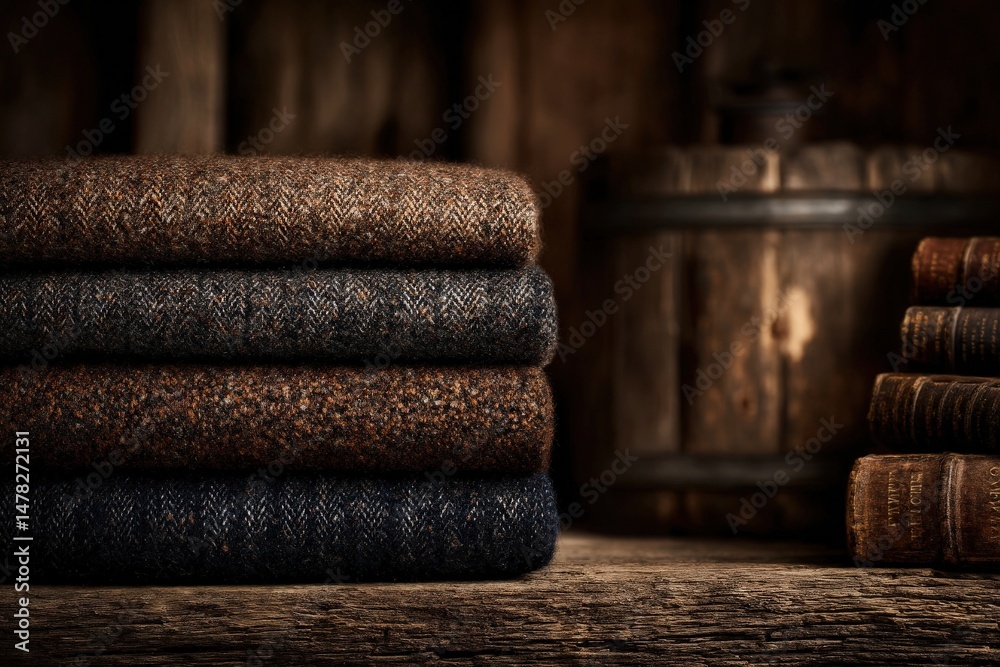 Richly textured woolen fabrics are carefully stacked on a weathered wooden shelf alongside vintage books and rustic decor, creating a warm and inviting atmosphere perfect for relaxed afternoons.