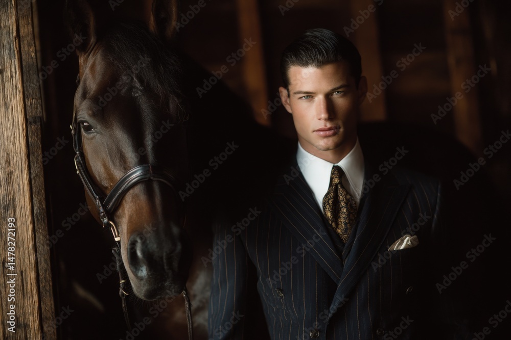 A man dressed in a tailored suit stands confidently next to a horse inside a wooden barn. The warm lighting highlights the elegant details of his outfit and the horses strong features.