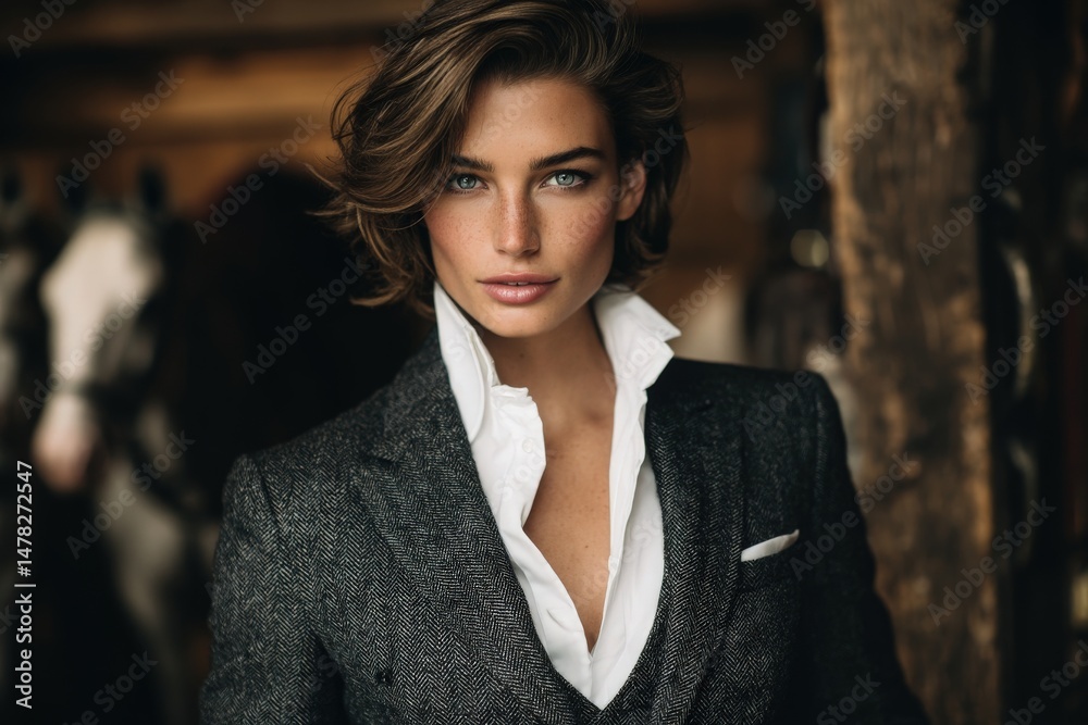 A confident model poses in an elegant suit with a white shirt, showcasing a strong expression. The background features rustic elements and hints of horses, creating an intriguing atmosphere.