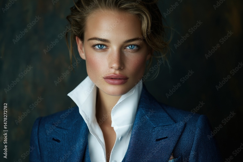 A confident woman poses in a tailored blue suit with a crisp white collar, showcasing her striking blue eyes. The dark background emphasizes her sophisticated look, combining elegance and modernity.
